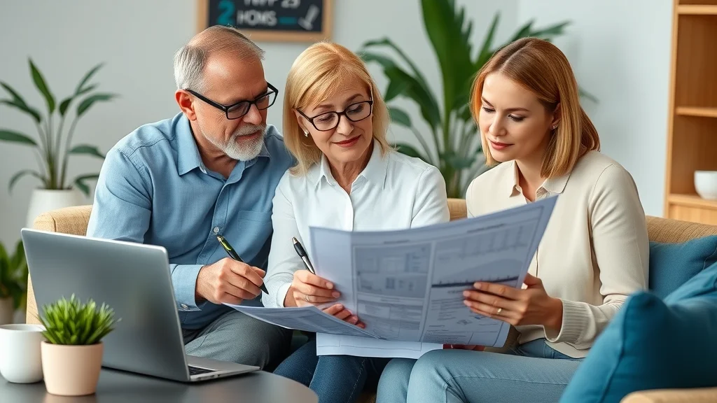 Mature couple planning finances for custom home build with financial advisor and custom home builder in a professional office setting.