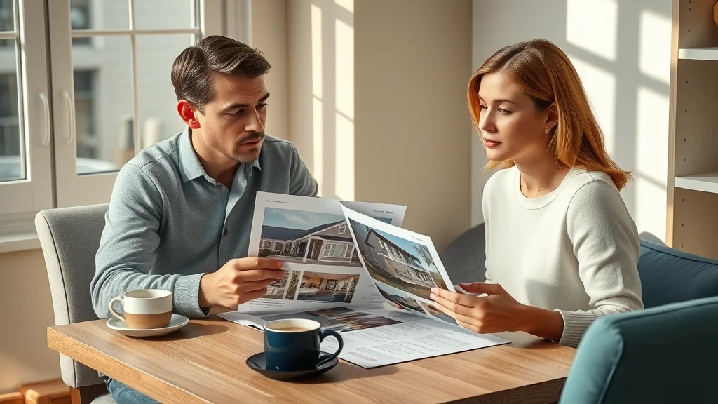 Couple evaluating custom and spec home brochures and photos during homebuying decision process.