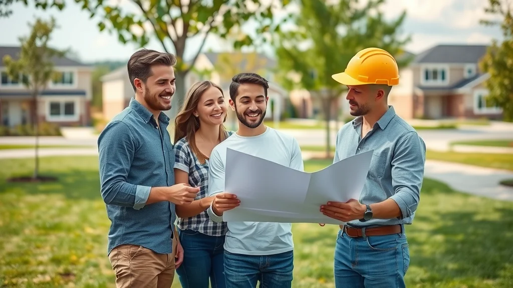 Main differences between custom and spec homes being discussed by homebuyers and a builder at a homesite, custom home in background.