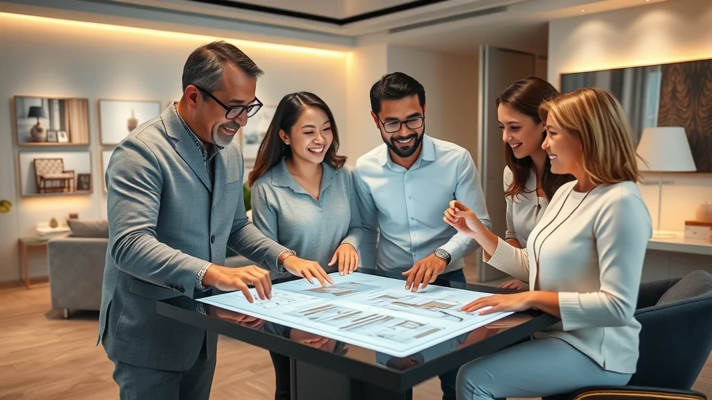 Luxury family consulting with architect at HomeSource Custom Homes design studio, reviewing custom floor plans and home design in a modern setting.