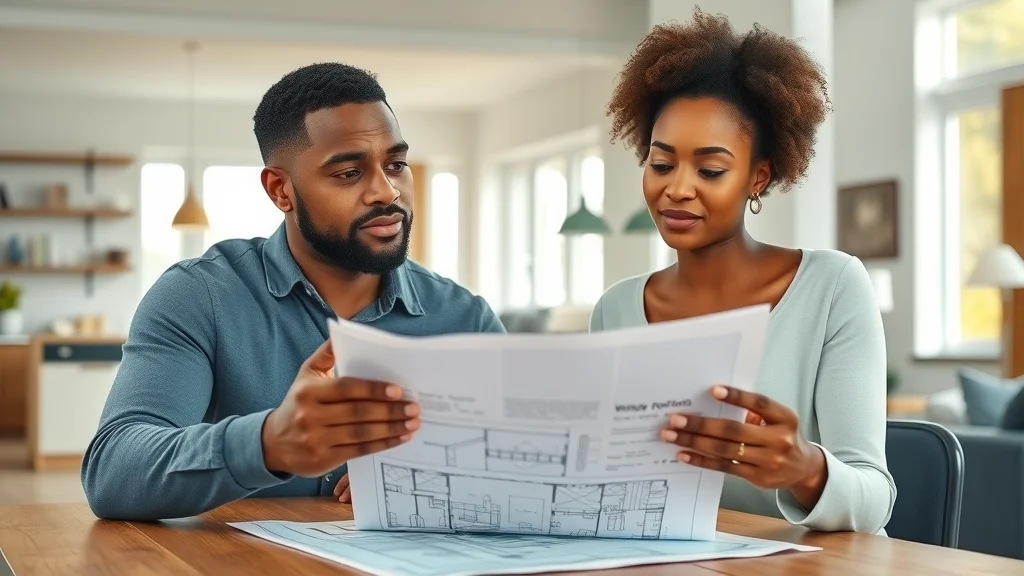 Modern diverse couple reviewing architectural home plans with a custom home builder in a bright modern interior, evaluating floor plans and design samples.