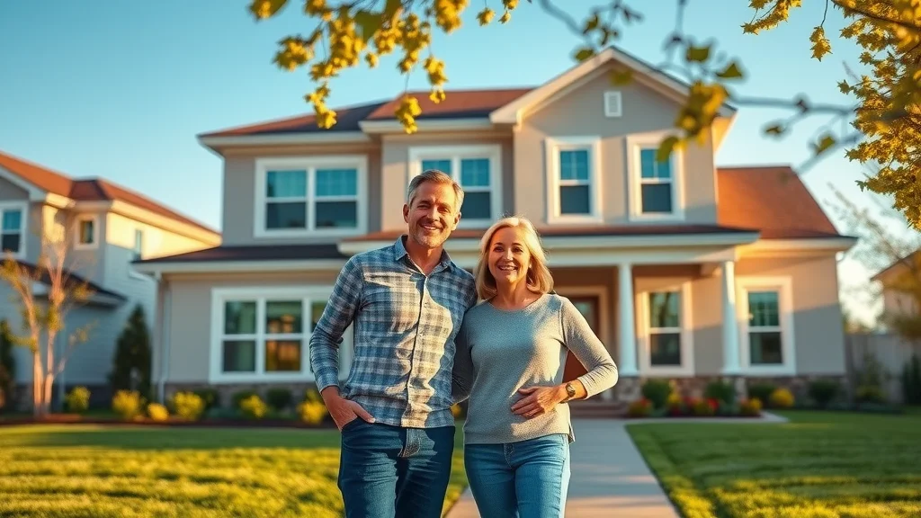 Elegant new custom-built luxury home exterior, proud homeowners with custom home builder, showcasing upscale design and landscaping.