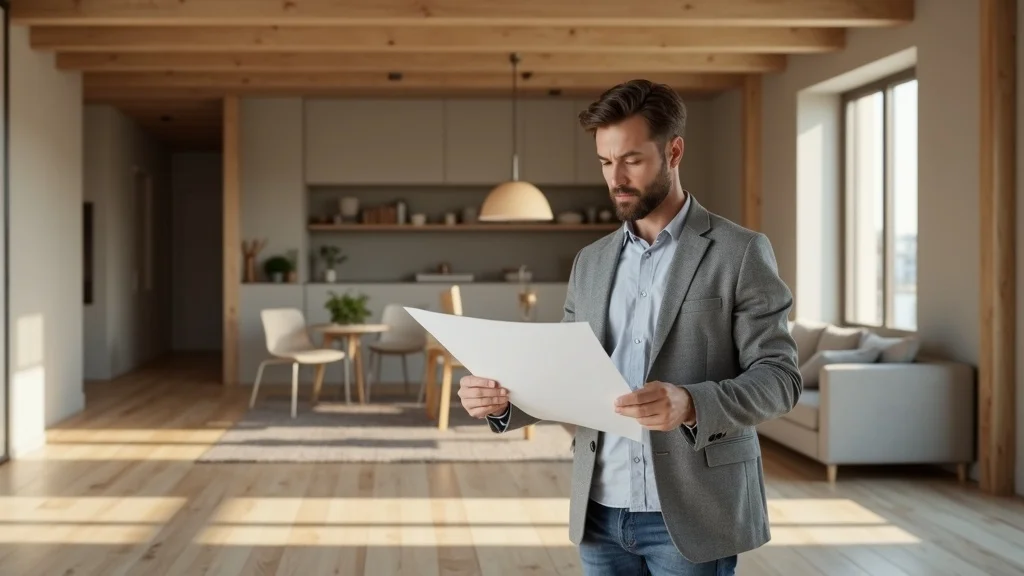future proof home design – Sleek modern interior with architect reviewing flexible floor plans in sunlit open concept area