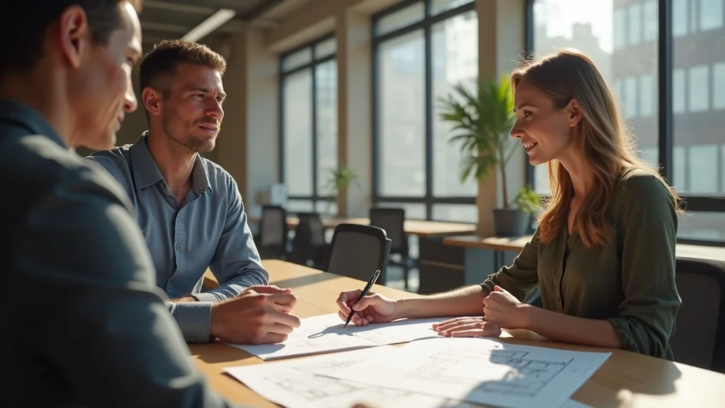 City permit office in St. Louis with homeowner discussing building plans with permit officer