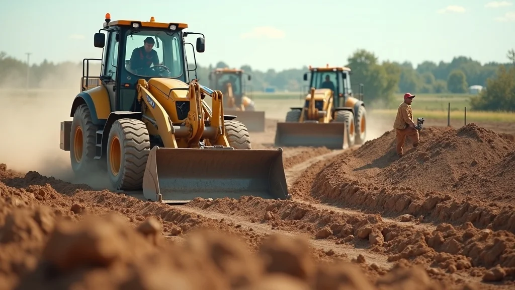 Construction site preparation in St. Louis with excavation machinery and land survey markers