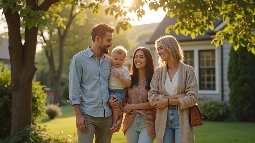 future proof home design – Inviting modern family home exterior with multi-generational family, lush green suburb, and mature trees