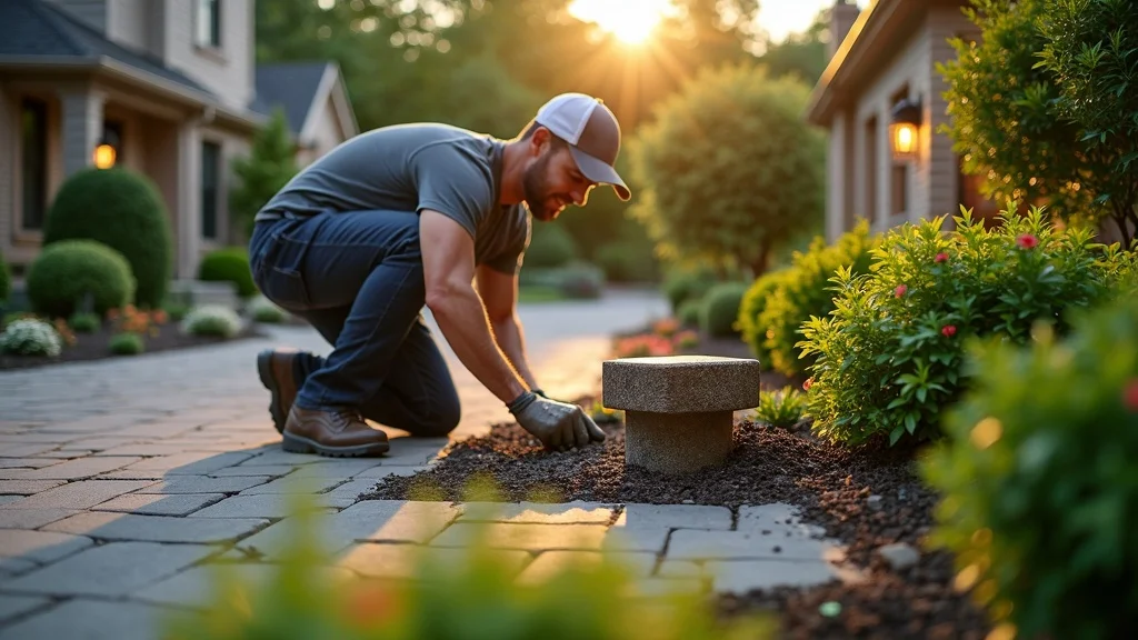 Custom home landscaping in St. Louis with stone retaining wall and exterior lighting