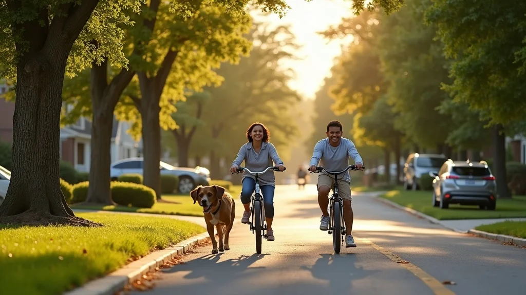 Inviting streetscape of a luxury St. Louis suburb with residents, children biking, and families walking dogs in a landscaped neighborhood with upscale homes — best suburbs for custom homes St Louis