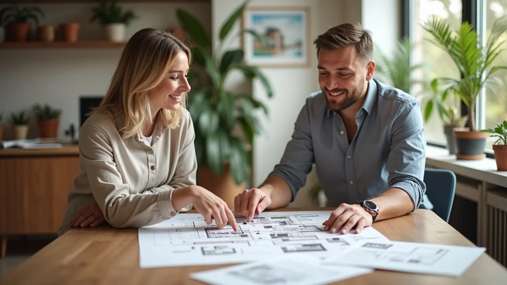 Homebuyers meeting with architect, reviewing custom home plans for St. Louis suburbs