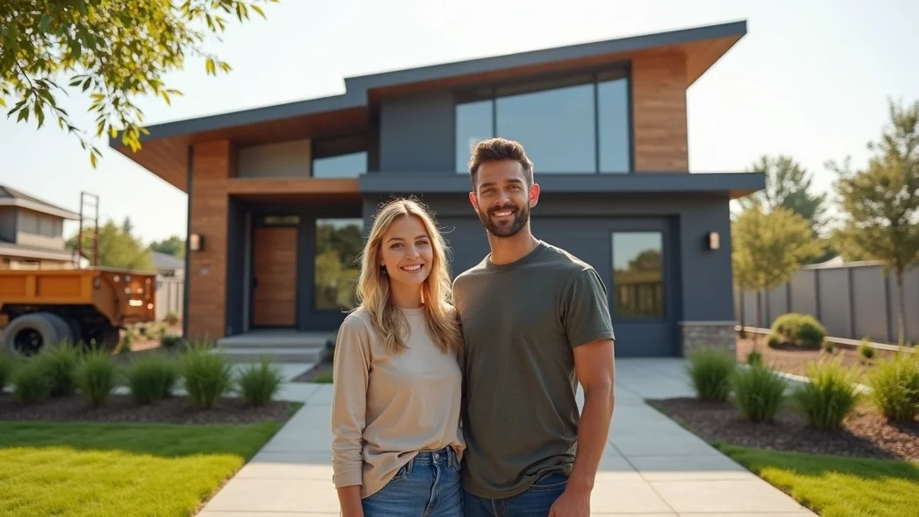 Inviting modern custom home exterior in St. Louis with couple and construction equipment