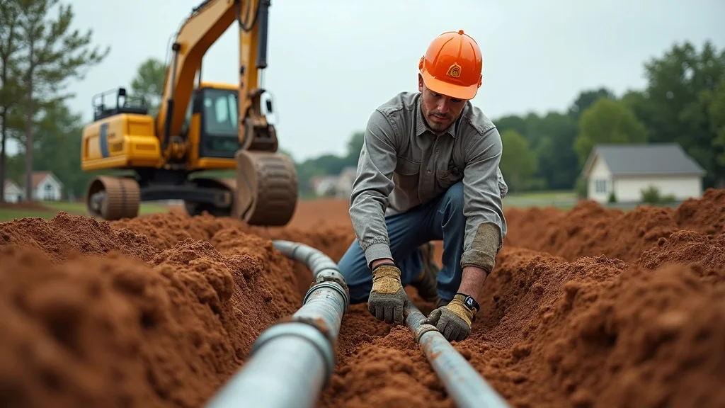 Utility installation for custom home in St. Louis with workers laying pipes and power lines