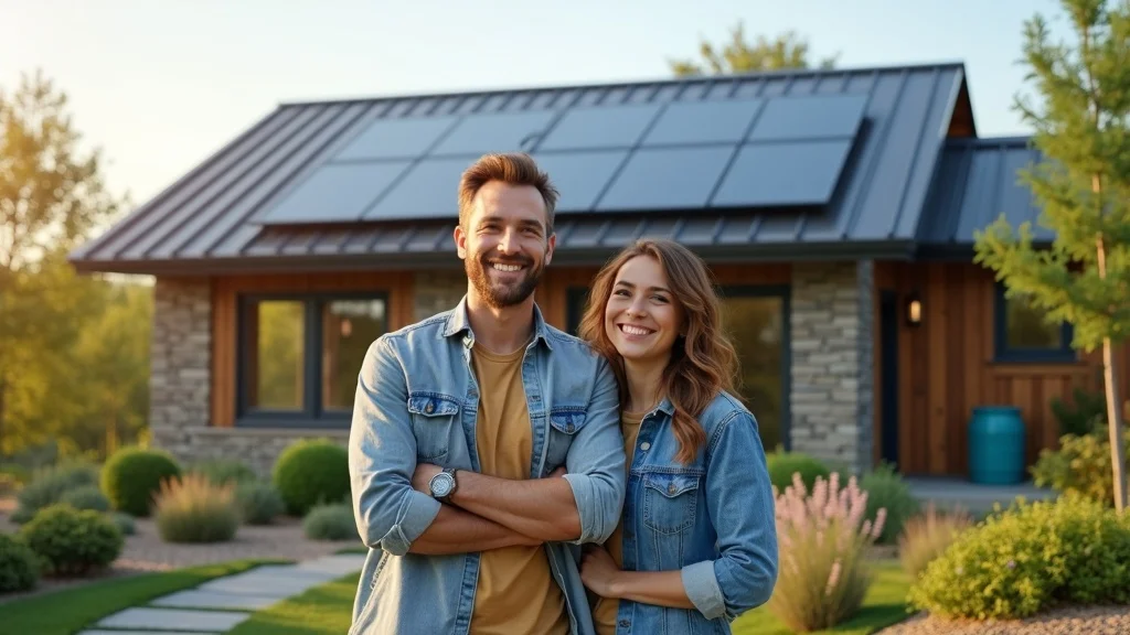 energy efficient – Contemporary green home exterior with couple inspecting rooftop solar panels