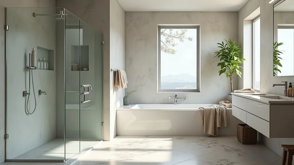 Contemporary accessible bathroom featuring roll-in shower, slip-resistant floors, designer fixtures, and stylish universal design elements.
