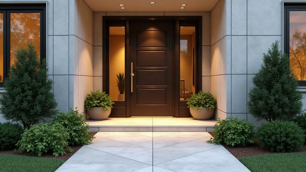 Elegant luxury home entryway with universal design, featuring a smooth ramp, wide doorway, tactile paving, and lever handle—all surrounded by landscaped greenery.