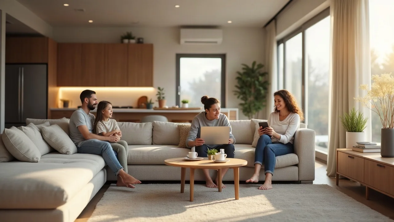 Inviting modern open-concept living room with universal design, featuring barrier-free entry, wide passageways, luxury finishes, and natural lighting.