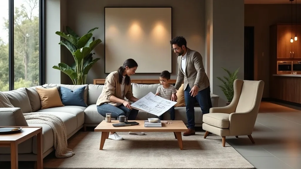 Modern high-end luxury home with universal design features, visible barrier-free zones, accessible smart controls, and family with designer reviewing blueprints.