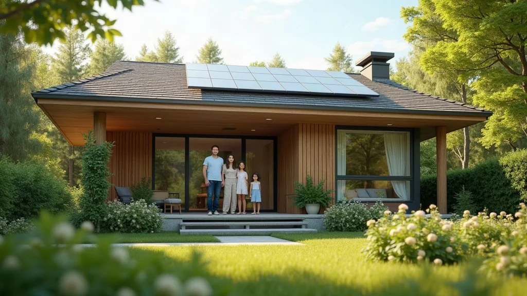 modern eco-friendly home exterior with family, solar panels, natural landscaping, sustainable home design