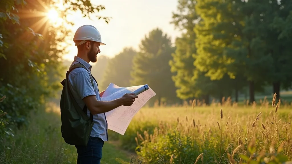 Sustainable home site selection with architect and blueprints, eco friendly planning