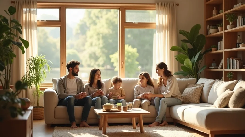 Serene eco friendly home living room, natural light, recycled furnishings, sustainable home interior design
