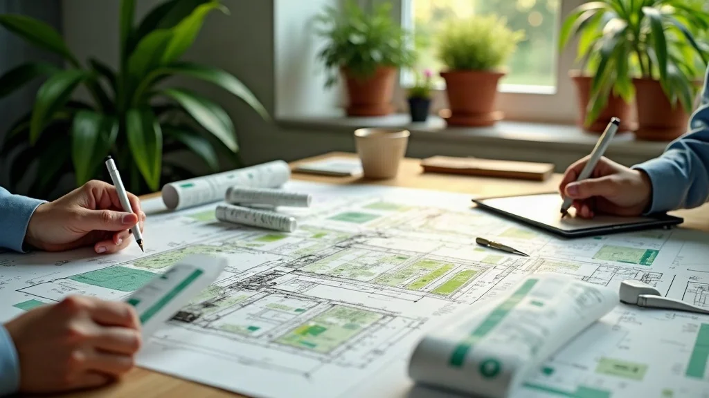 Architect drafting blueprint for an innovative eco-friendly home with sustainable materials