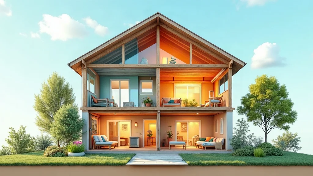 Cross-section of eco friendly home showing insulation, passive solar heating, and efficient systems