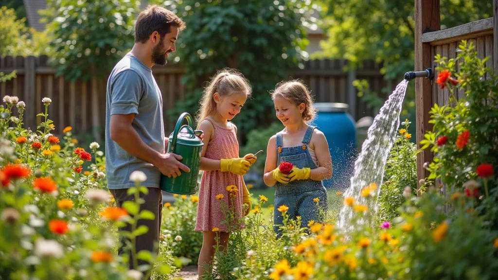 Family tending to native garden and rainwater system in eco friendly home