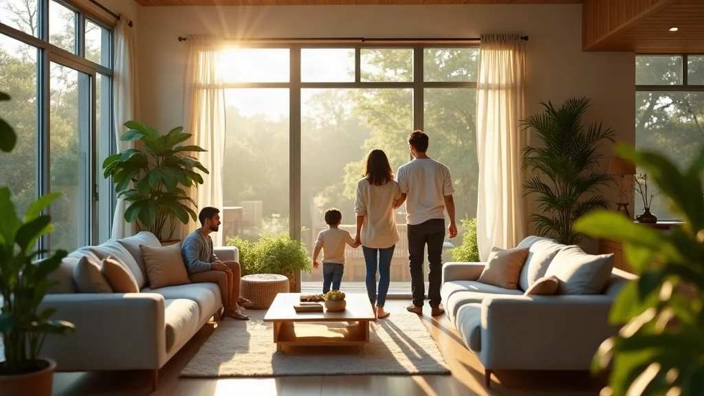 Eco friendly home interior, natural lighting, energy efficient, sustainable living space